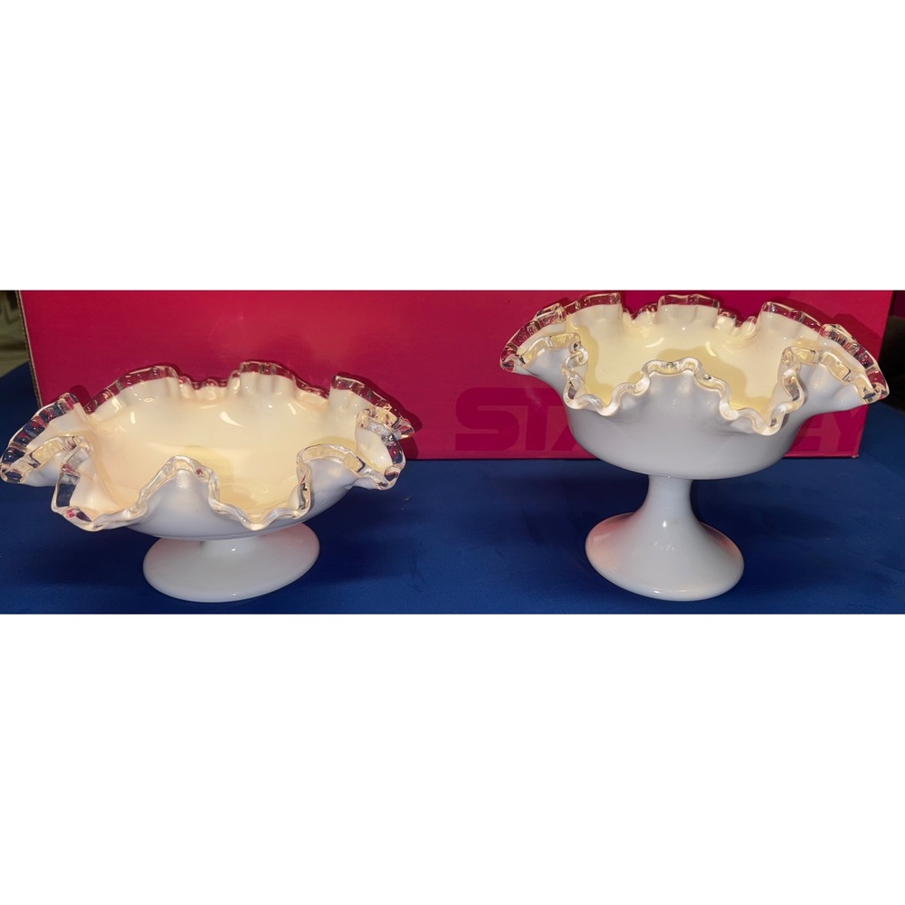 Fenton Silvercrest Milk Glass Ruffle Compote Candy Dish Bowl 2 Pc Set